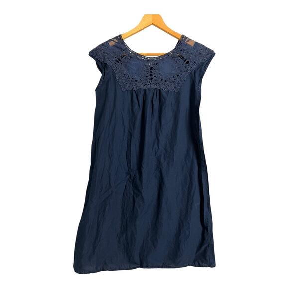 Oysho Cap Sleeve Lace Trim Mini Shift Dress Blue S Small Boho Swing Smock - Picture 1 of 4